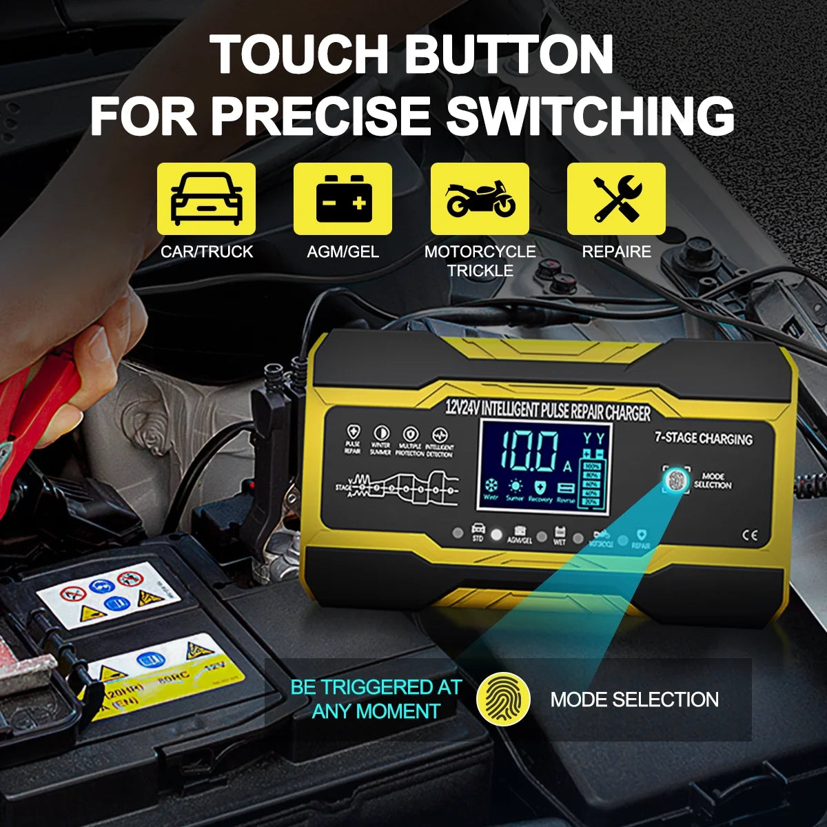 Battery Charger 10-Amp 12V and 24V Fully-Automatic Smart Car Battery Charger, Battery Maintainer Trickle Charger, Battery Charger with Temperature Compensation for Truck Motorcycle Lawn Mower Boat
