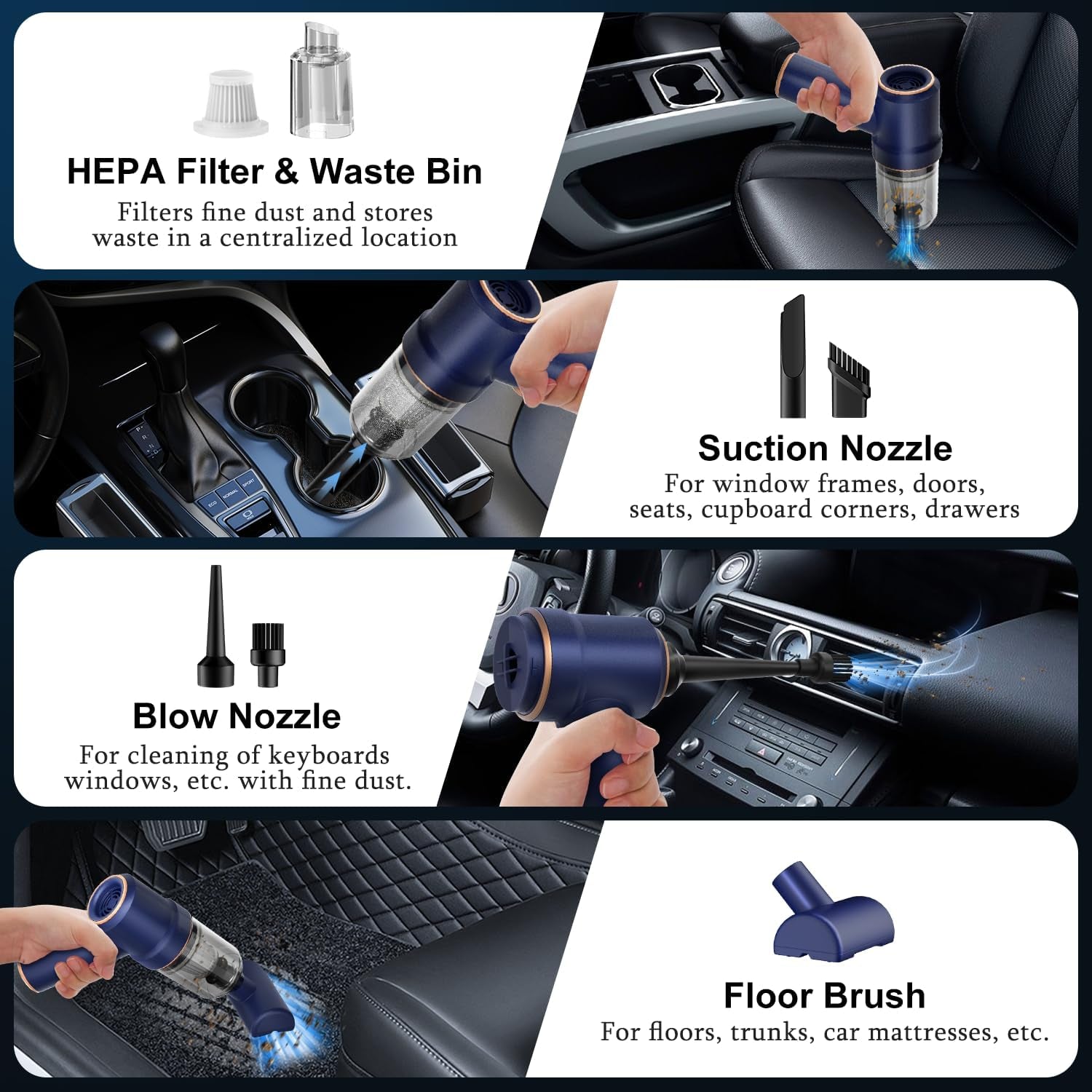 Handheld Car Vacuum Cleaner, 9000Pa Vacuum Cleaner and Air Duster, 120W High Power Hand Held Vacuum with LED Light and Multi-Nozzles for Car, Home, Office, Pet