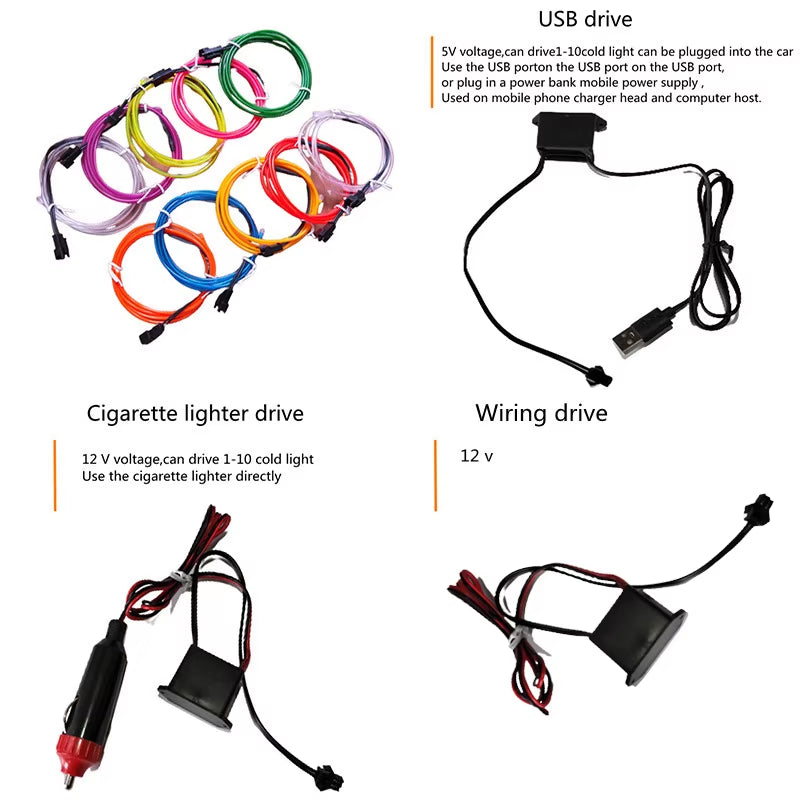 1M/3M/5M Neon LED Car Interior Decorative Lamps Strips USB Drive for DIY Decorative Dashboard Console Ambient Light Cold Light
