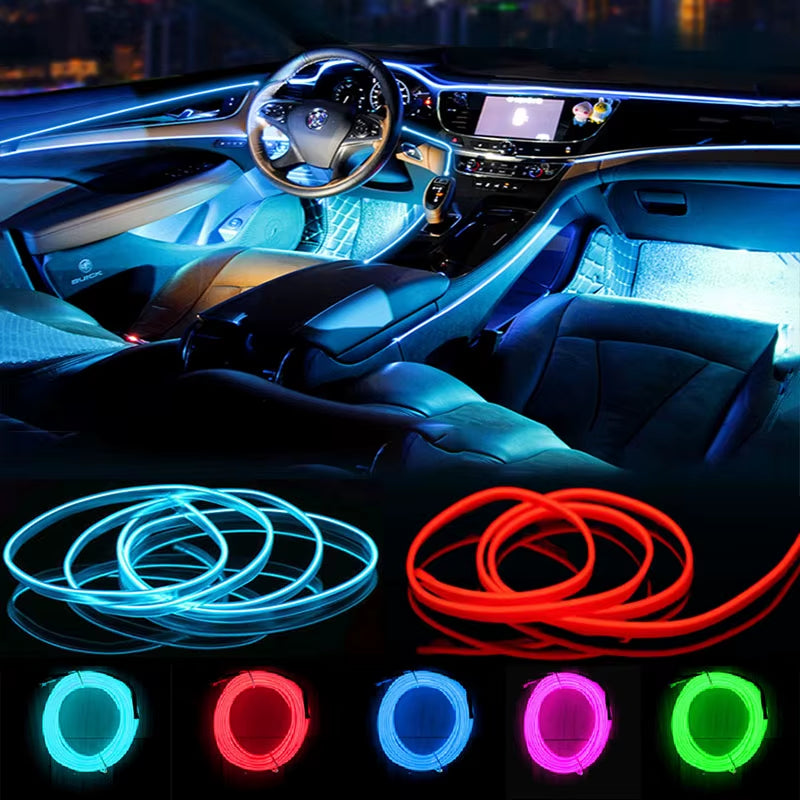 1M/3M/5M Neon LED Car Interior Decorative Lamps Strips USB Drive for DIY Decorative Dashboard Console Ambient Light Cold Light