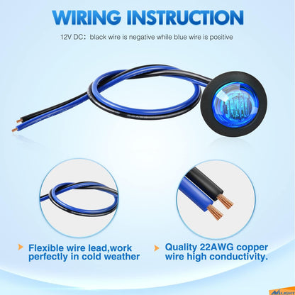 10 PCS 3/4 Inch round LED Clearance Light Front Rear Side Indicator Bullet Marker Lamp for Truck RV Car Bus Trailer Van Caravan Boat, Blue