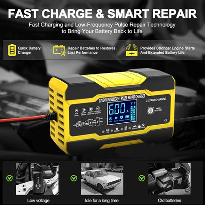 Battery Charger 10-Amp 12V and 24V Fully-Automatic Smart Car Battery Charger, Battery Maintainer Trickle Charger, Battery Charger with Temperature Compensation for Truck Motorcycle Lawn Mower Boat